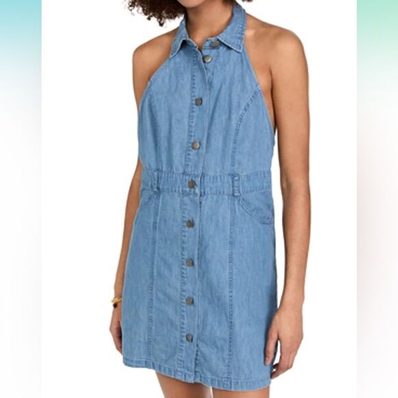 NWT Free People Sami Mini Dress Denim Blue Dress Halter Open Back Button Down L - Picture 11 of 11